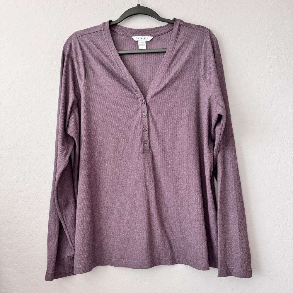 Athleta 2X Uptempo Ribbed Henley Top Purple Long Sleeve Thumbhole Activewear